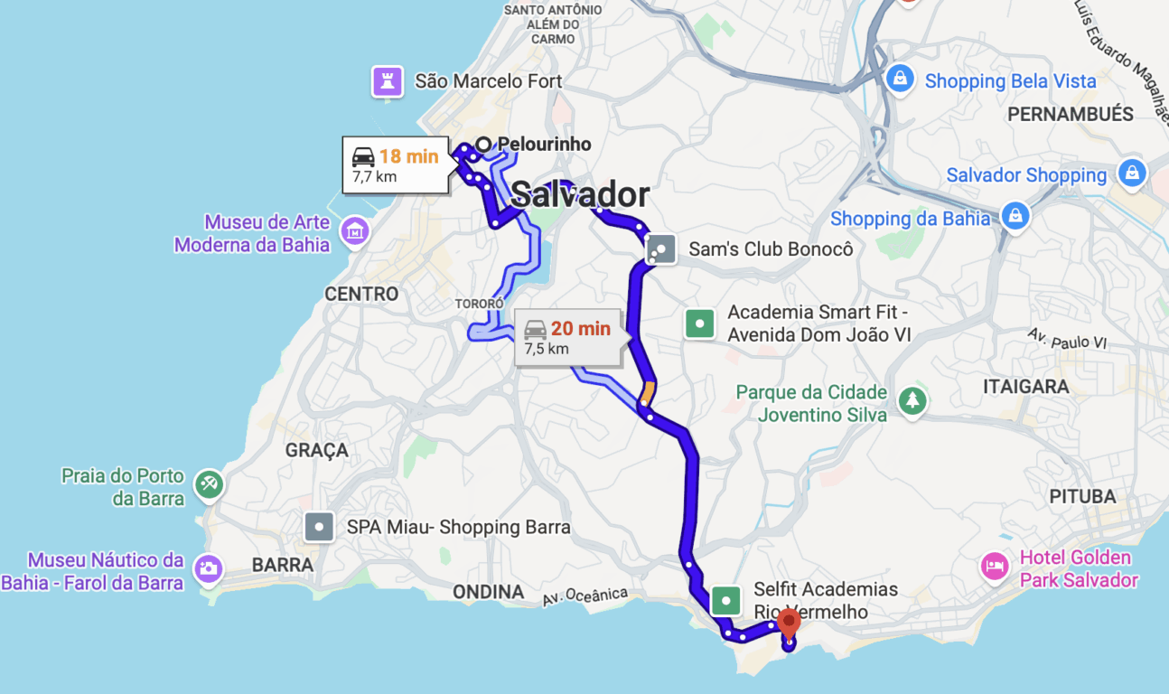 Mapa de Salvador - Trajeto para a praia partindo do Pelourinho